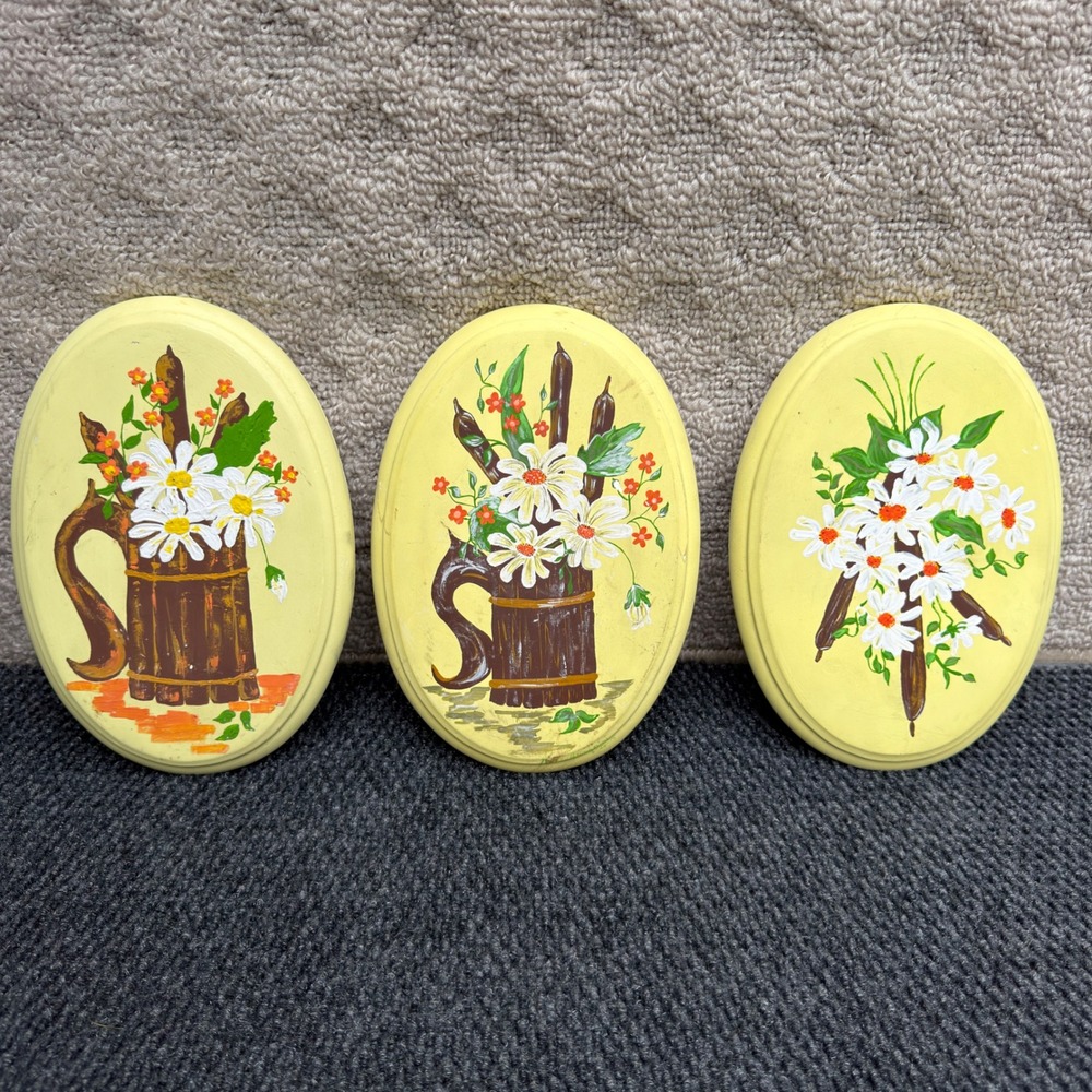 Vintage 1975 Nancy Armanini Hand Painted Floral Wall Plaques Set of 3 Yellow 8.5